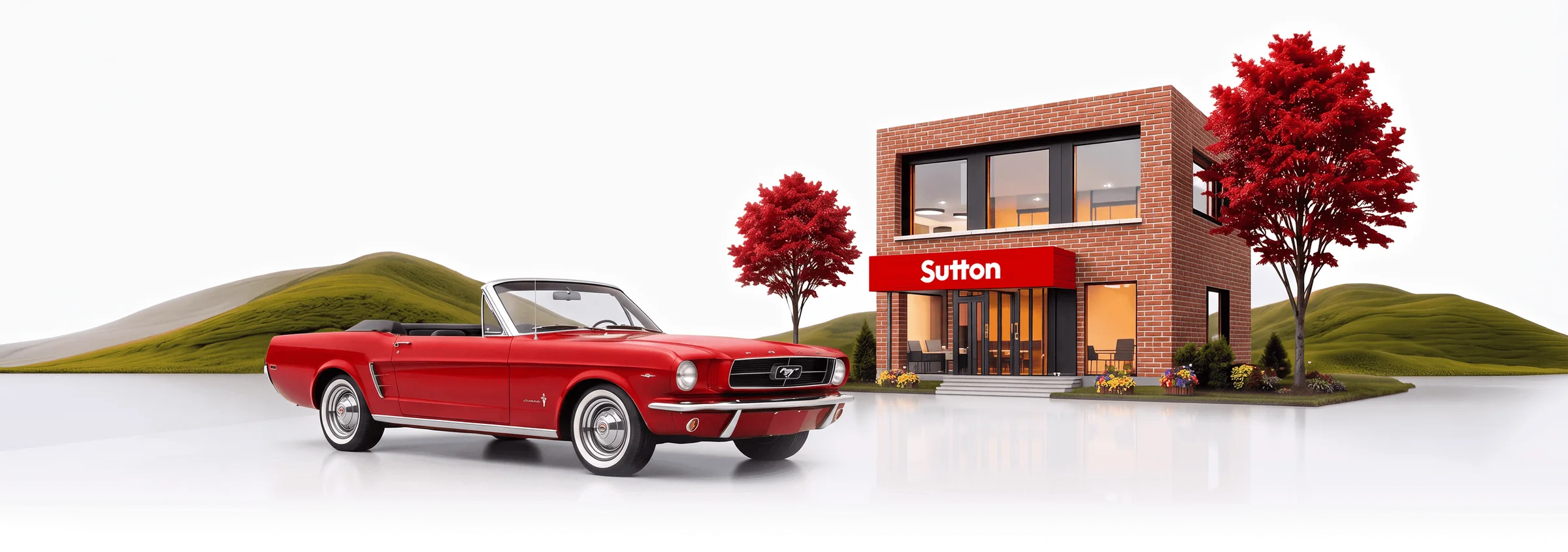 Classic red convertible parked outside a Sutton office